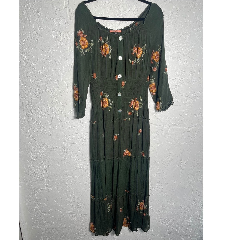 Olive Hill Green Floral Embroidered Midi Dress Boho Smocked Button Front Large